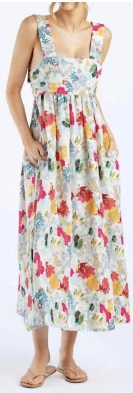 SUNDAYS Linen Ricci Midi Dress Wanderlust Floral Women's S Mediterranean Beach